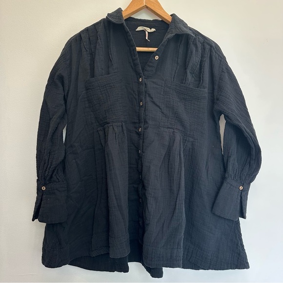 Free People The Voyager Shirt Dress Black XS Button Front Pleated Cotton Pockets - Picture 3 of 10